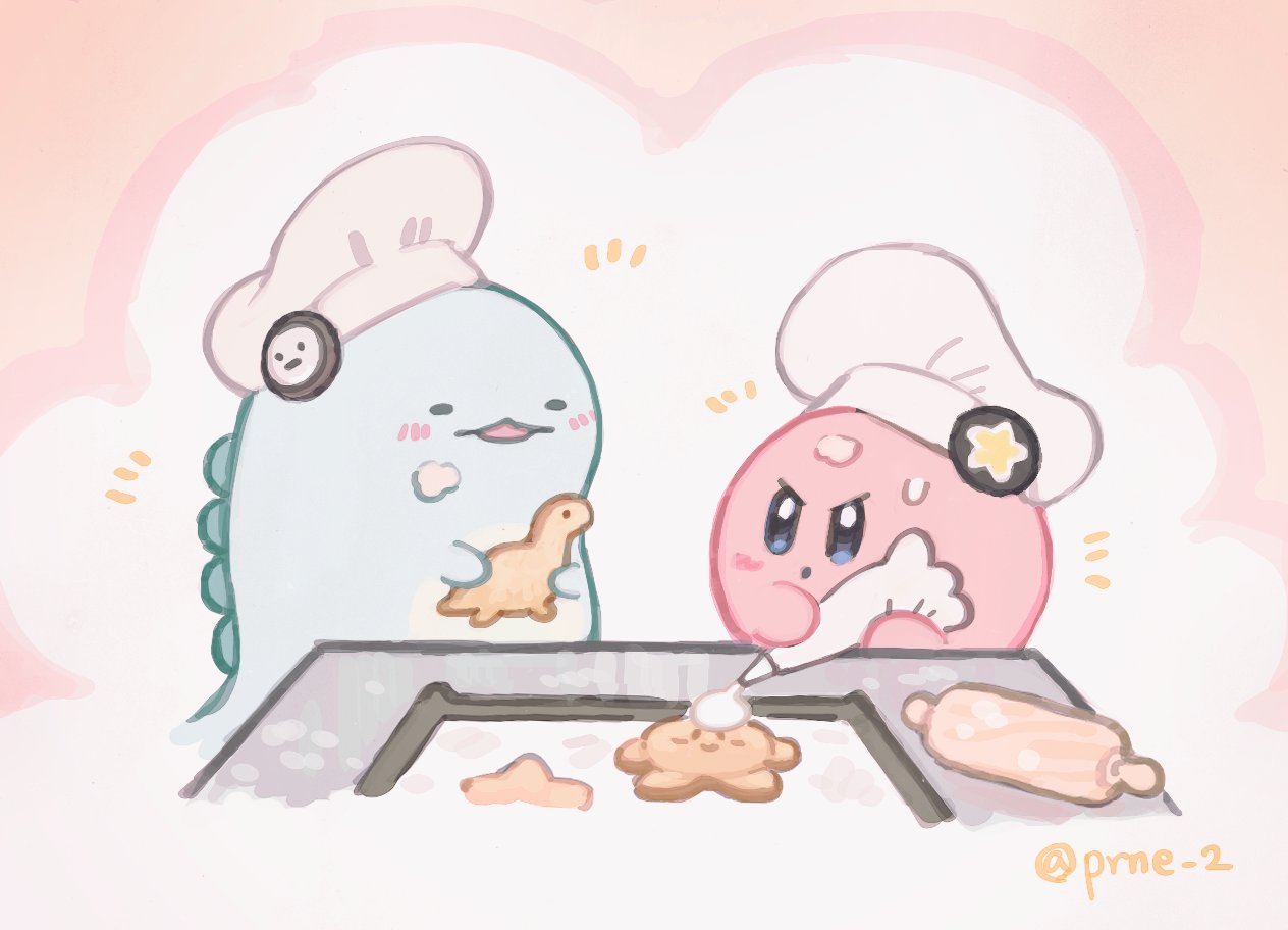 blue_eyes, blush, chef_hat, commentary_request, cookie, cooking, crossover, food
