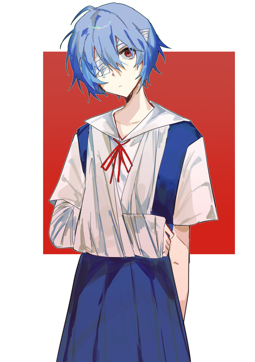 1girl, absurdres, ayanami_rei, bandaged_arm, bandaged_head, bandages, blue_dress, blue_hair