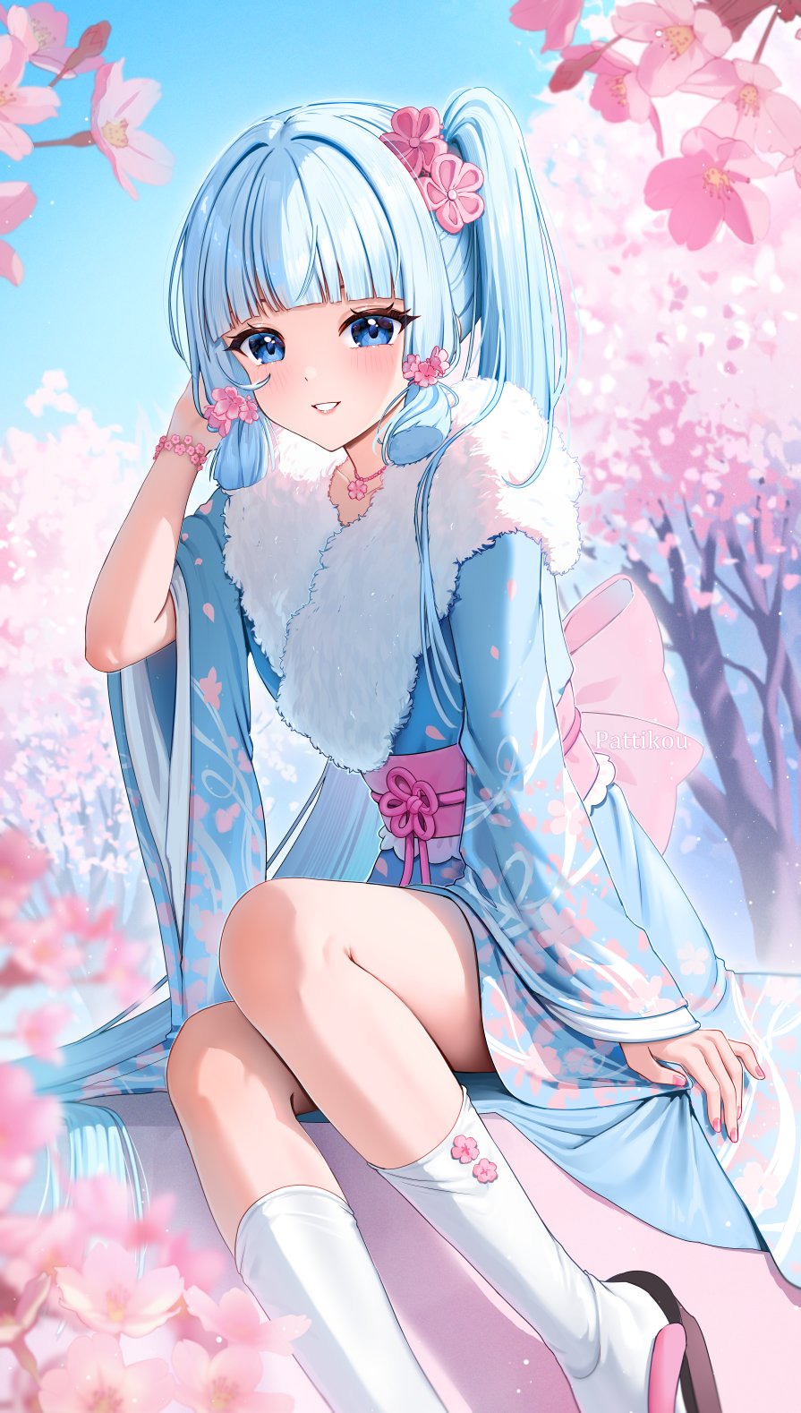 1girl, alt_text, arched_bangs, artist_name, blue_eyes, blue_hair, blue_kimono, blush
