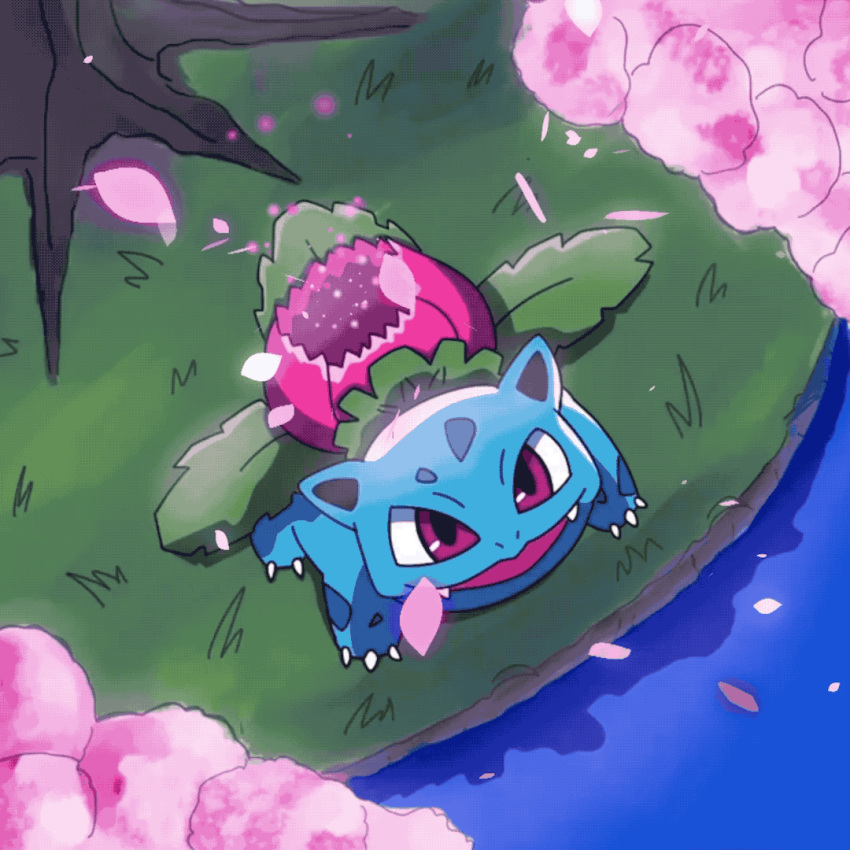animal_focus, animated, animated_gif, austindorrough, commentary, fangs, from_above, full_body, grass, ivysaur, night, no_humans, nostrils, open_mouth, outdoors, petal_dance_(pokemon), pokemon, pokemon_(creature), river, shore, solo, spring_(season), violet_eyes
