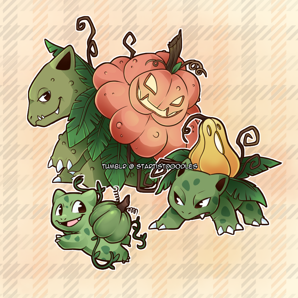 alternate_color, animal_focus, black_eyes, bulbasaur, claws, closed_mouth, commentary, evolutionary_line, fangs, full_body, gourd, ivysaur, jack-o'-lantern, no_humans, plaid_background, plant, pokemon, pokemon_(creature), pumpkin, startistdoodles, tumblr_username, venusaur, vines