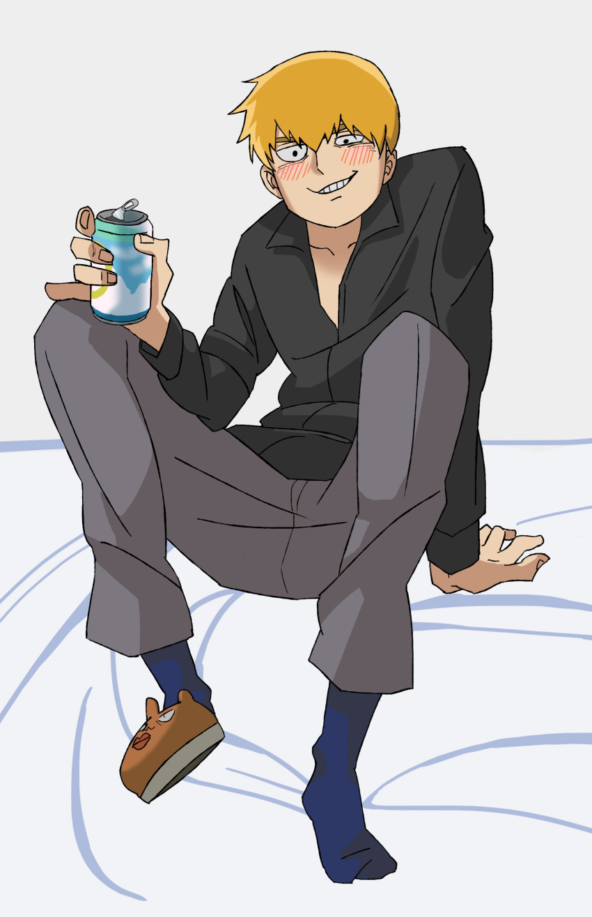 1boy, absurdres, black_shirt, blue_socks, can, collared_shirt, full_body, grey_pants