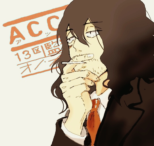 1boy, aizawa_shota, beard_stubble, black_hair, black_jacket, bloodshot_eyes, boku_no_hero_academia, collared_shirt