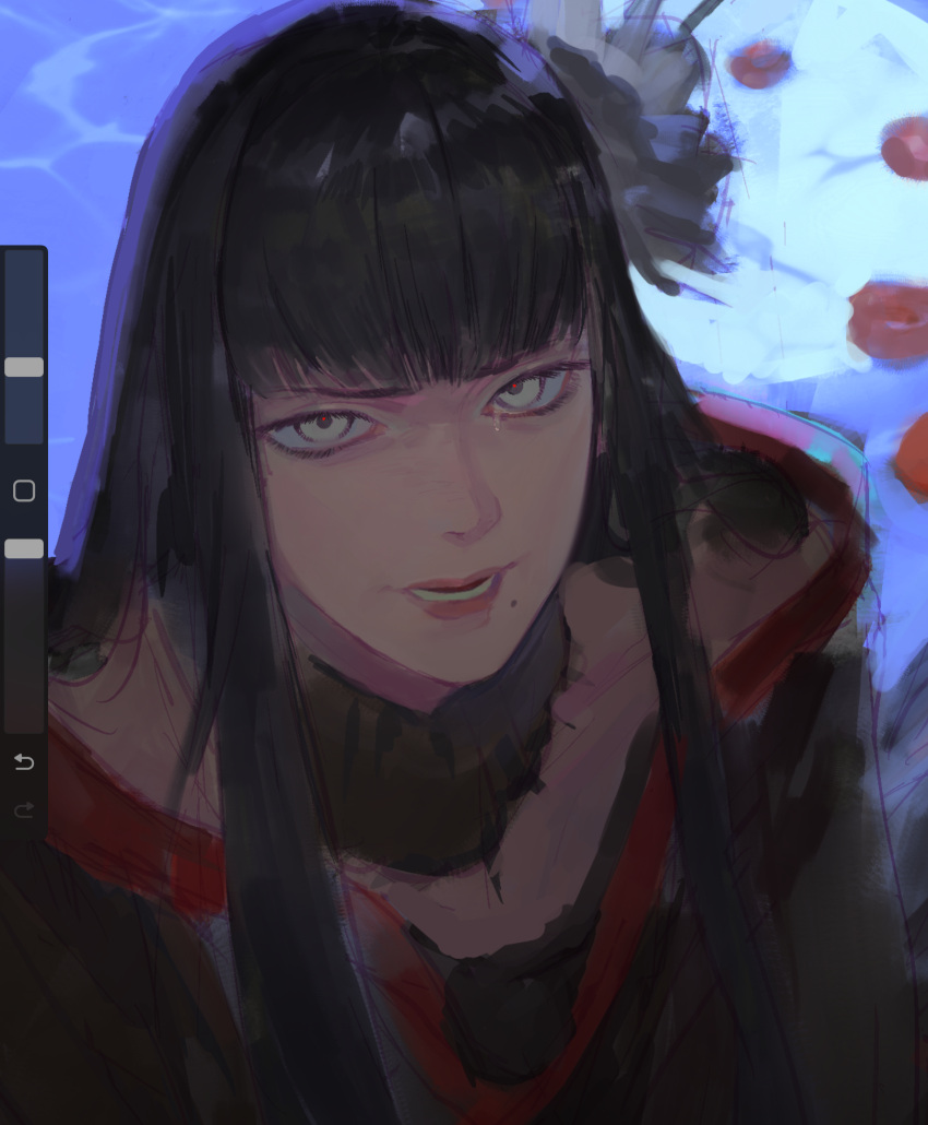 1girl, aftiirth, art_program_in_frame, black_collar, black_hair, blue_background, collar, final_fantasy, final_fantasy_xiv, flower, green_eyes, hair_flower, hair_ornament, highres, hyur, long_hair, open_mouth, portrait, solo, tearing_up, unfinished, yotsuyu_goe_brutus