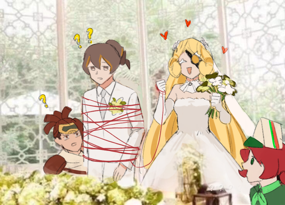 1boy, 3girls, ^_^, bouquet, breasts, brown_eyes, brown_hair, closed_eyes