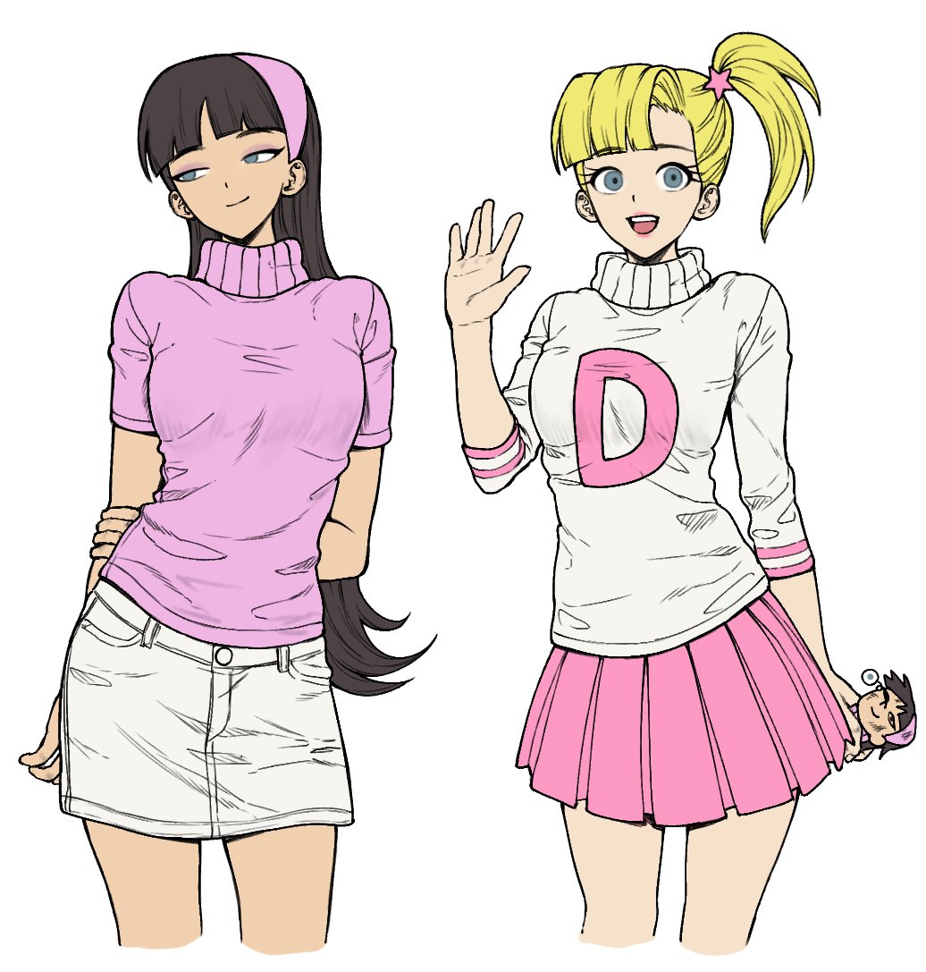 2girls, :d, \||/, animification, arm_behind_back, arms_behind_back, black_hair, blonde_hair