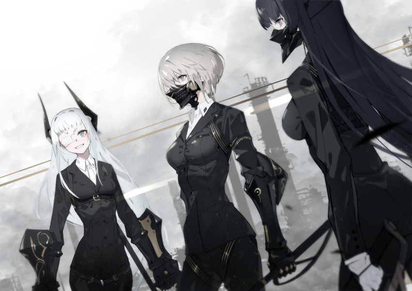 3girls, armor, black_hair, black_jacket, black_pants, black_suit, blunt_bangs, brown_hair, collared_shirt, commentary, dress_shirt, dutch_angle, english_commentary, eyepatch, formal_clothes, general_affairs_division, grey_eyes, grin, horns, inu_(neco), jacket, karasu_(neco), lapels, long_hair, long_sleeves, mask, medical_eyepatch, mouth_mask, multiple_girls, necktie, neco, notched_lapels, outdoors, pants, shirt, short_bangs, short_eyebrows, short_hair, smile, suit, suit_jacket, ten_(neco), very_long_hair, weapon, white_hair, white_necktie, white_shirt, wing_collar
