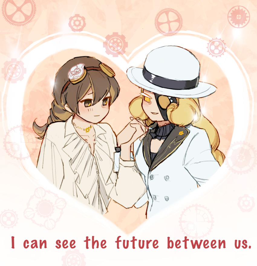 2girls, blush, bowler_hat, braid, brown_hair, closed_mouth, commentary_request, cookie_run
