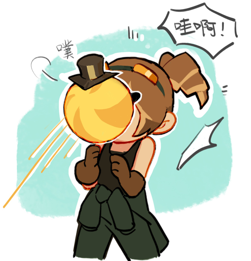 2girls, brown_gloves, brown_hair, brown_hat, chinese_text, clothes_around_waist, cookie_run, croissant_cookie