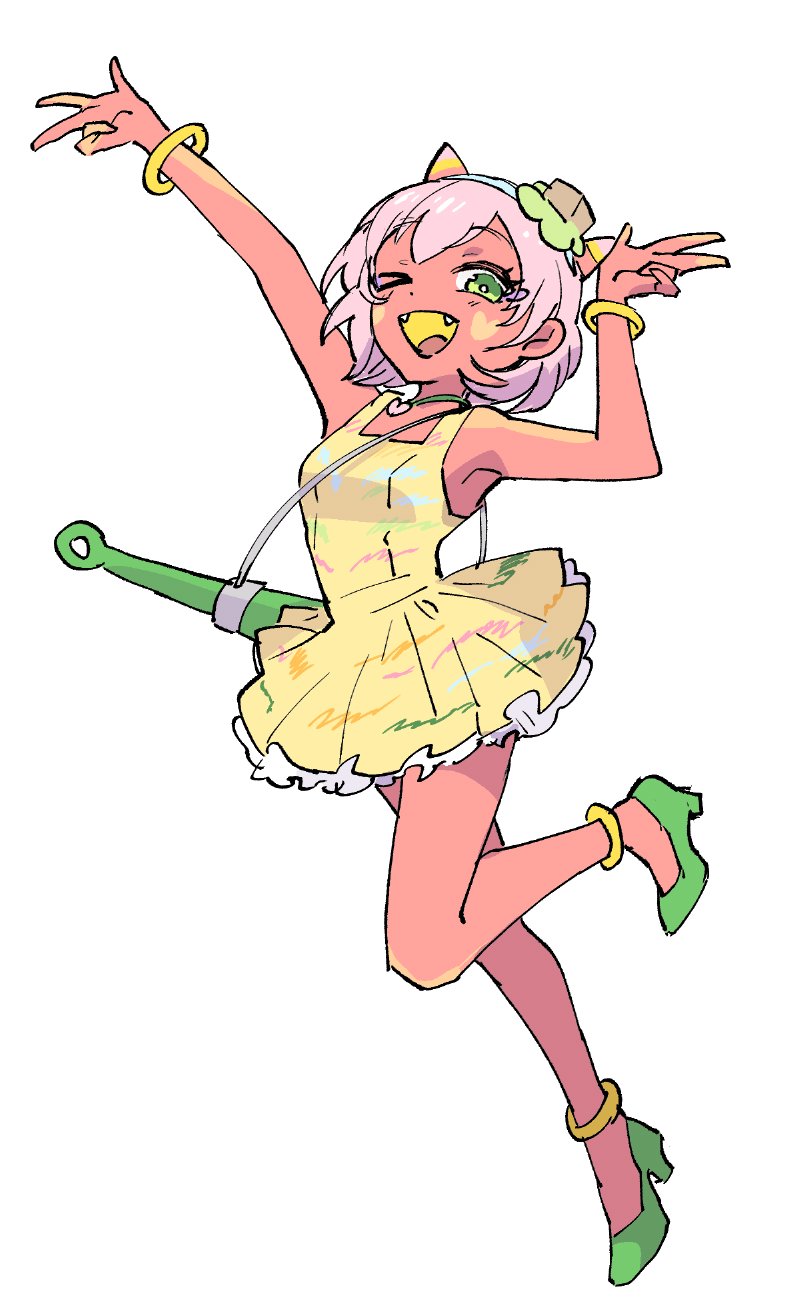 >_o, 1girl, anklet, arm_up, asakura_404, bare_shoulders, club_(weapon), colored_skin