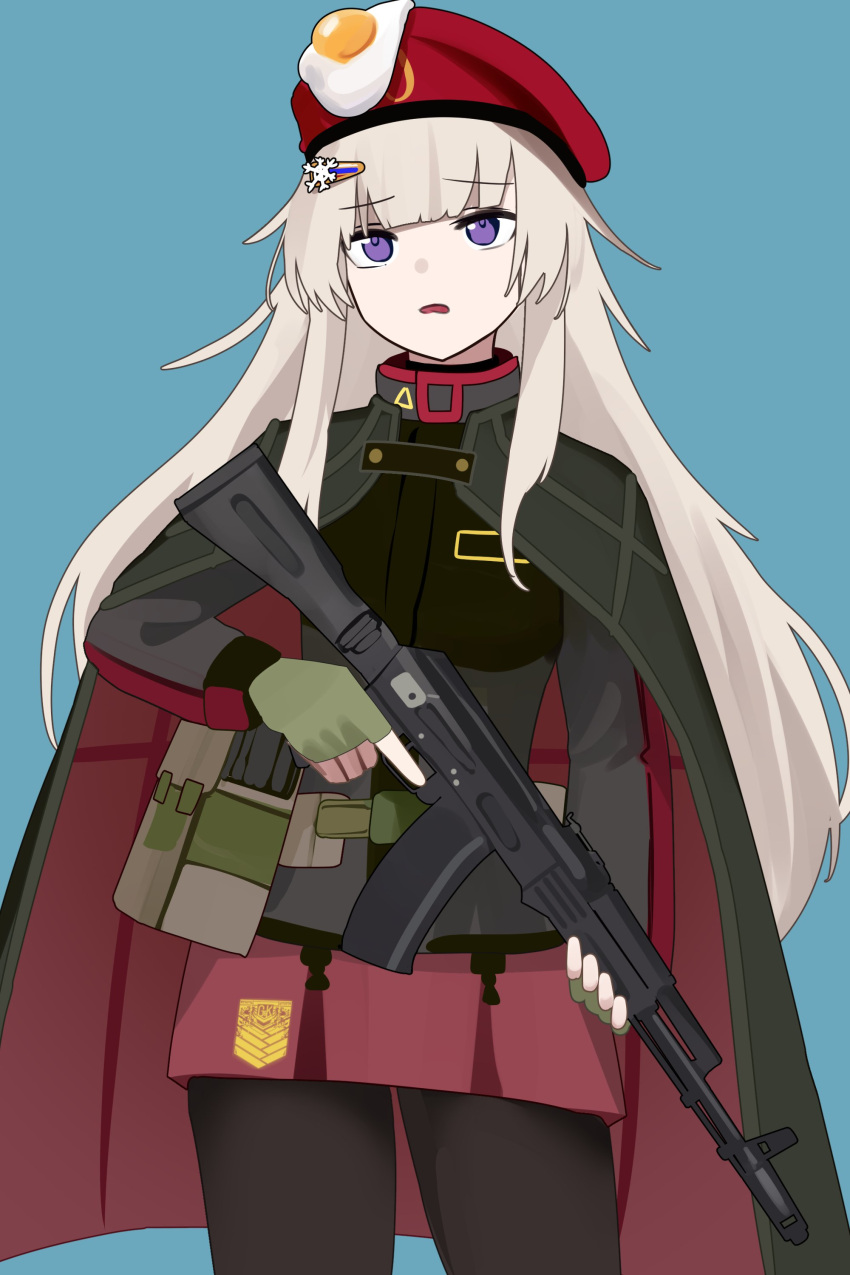 1girl, absurdres, ak-74m, ak74m_(girls'_frontline), assault_rifle, beret, black_pantyhose, blue_background