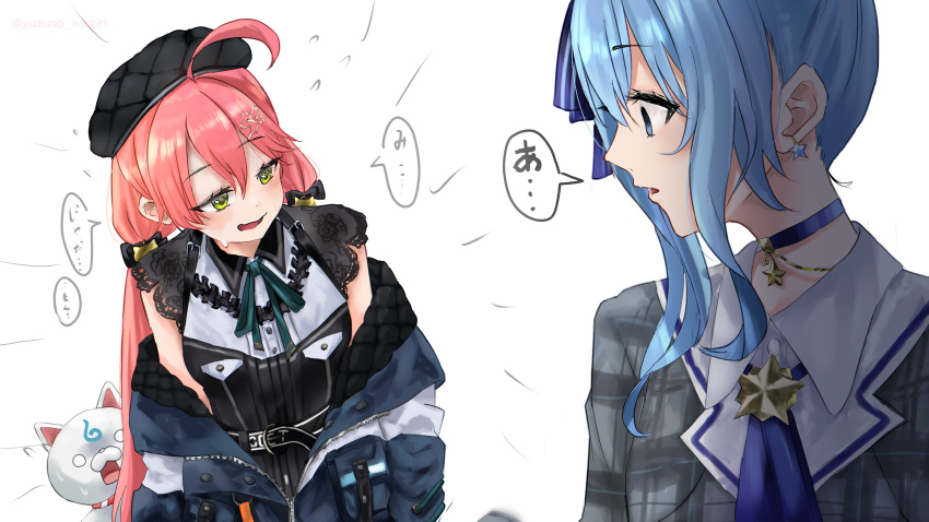 2girls, 35p_(sakura_miko), absurdres, ahoge, alternate_costume, beret, black_dress, blank_eyes, blue_choker, blue_eyes, blue_hair, choker, cosplay, dress, earrings, empty_eyes, flower, green_eyes, grey_jacket, hair_between_eyes, hair_flower, hair_ornament, hairclip, hat, highres, hololive, hoshimachi_suisei, hoshimachi_suisei_(1st_costume), hoshimachi_suisei_(casual), hoshimachi_suisei_(cosplay), jacket, jewelry, long_hair, long_sleeves, looking_at_another, low_twintails, medium_hair, multiple_girls, nervous, open_clothes, open_jacket, pink_hair, sakura_miko, scared, shaded_face, simple_background, star_(symbol), star_earrings, staring, sweatdrop, twintails, virtual_youtuber, white_background, yuzuno_wagiri