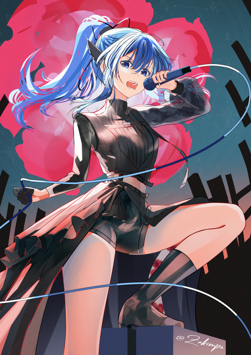 1girl, absurdres, black_gloves, black_nails, black_shorts, blue_eyes, blue_hair, boots