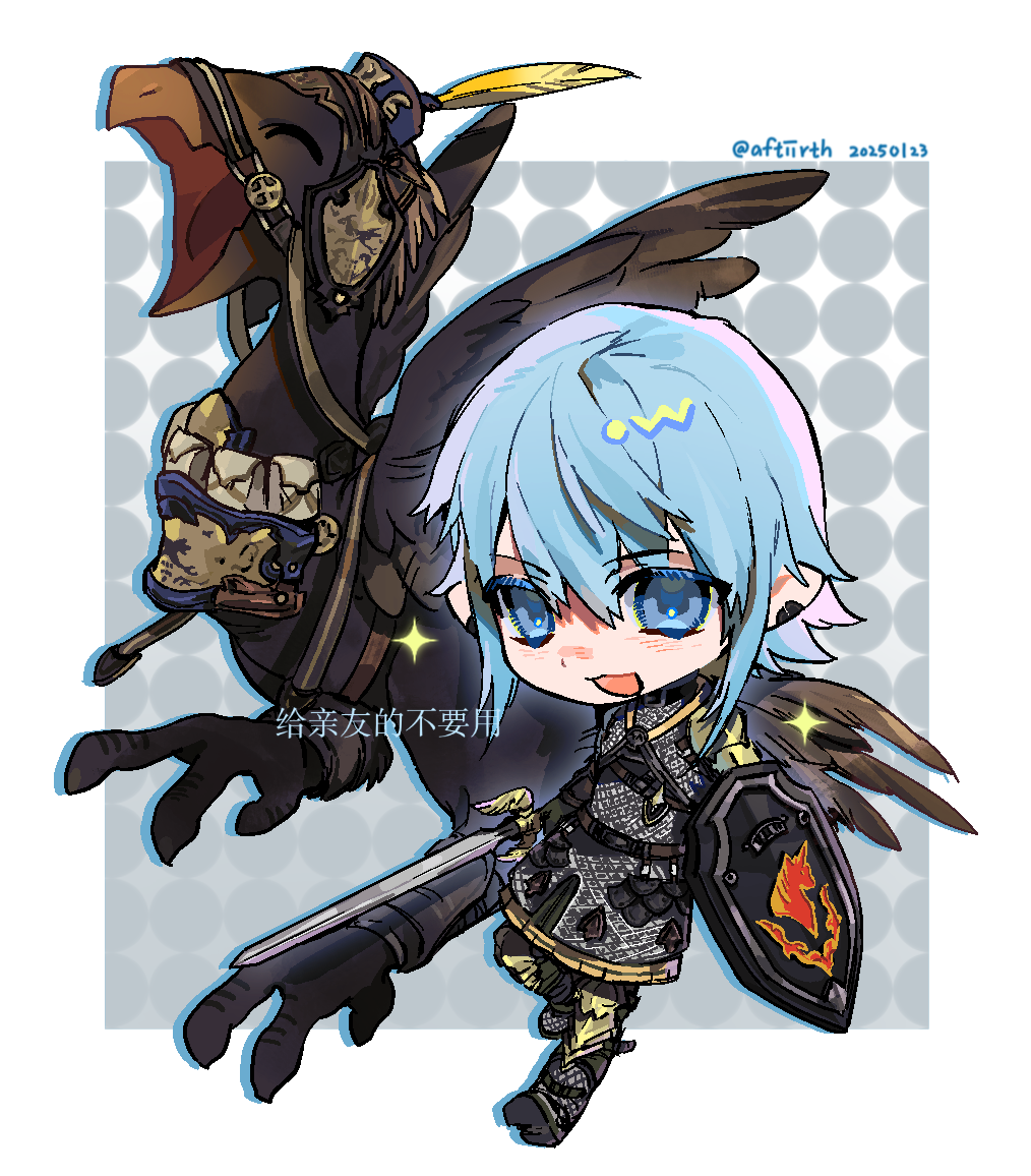 1boy, :d, ^_^, aftiirth, armor, artist_name, barding, blue_hair