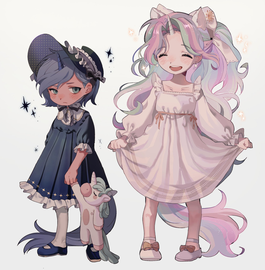 2girls, :d, ^_^, absurdly_long_hair, aged_down, animal_ears, black_bow, black_dress