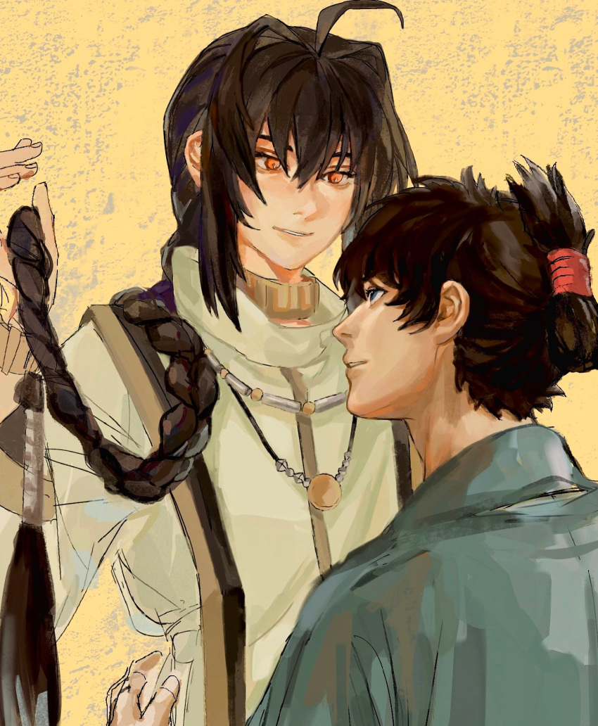 1boy, 1other, 21_welkin, ahoge, androgynous, black_hair, blue_eyes, braid