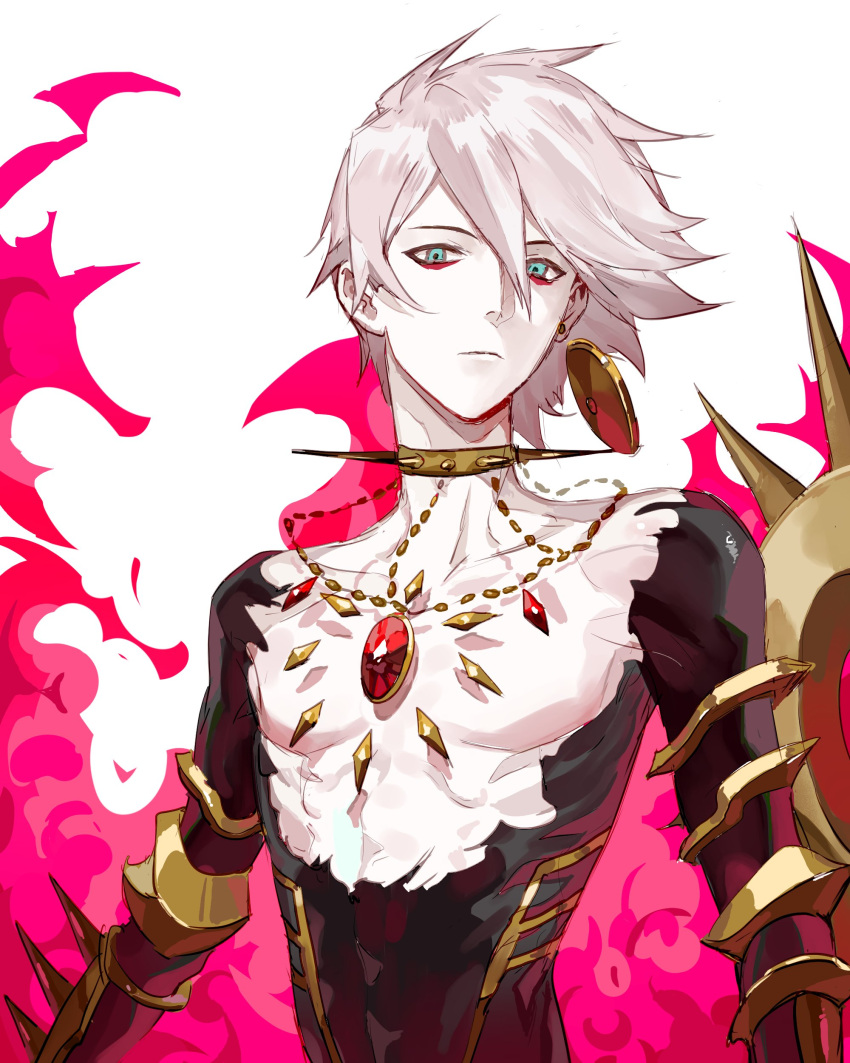 1boy, 21_welkin, absurdres, armor, bare_pectorals, bishounen, blue_eyes, chest_jewel