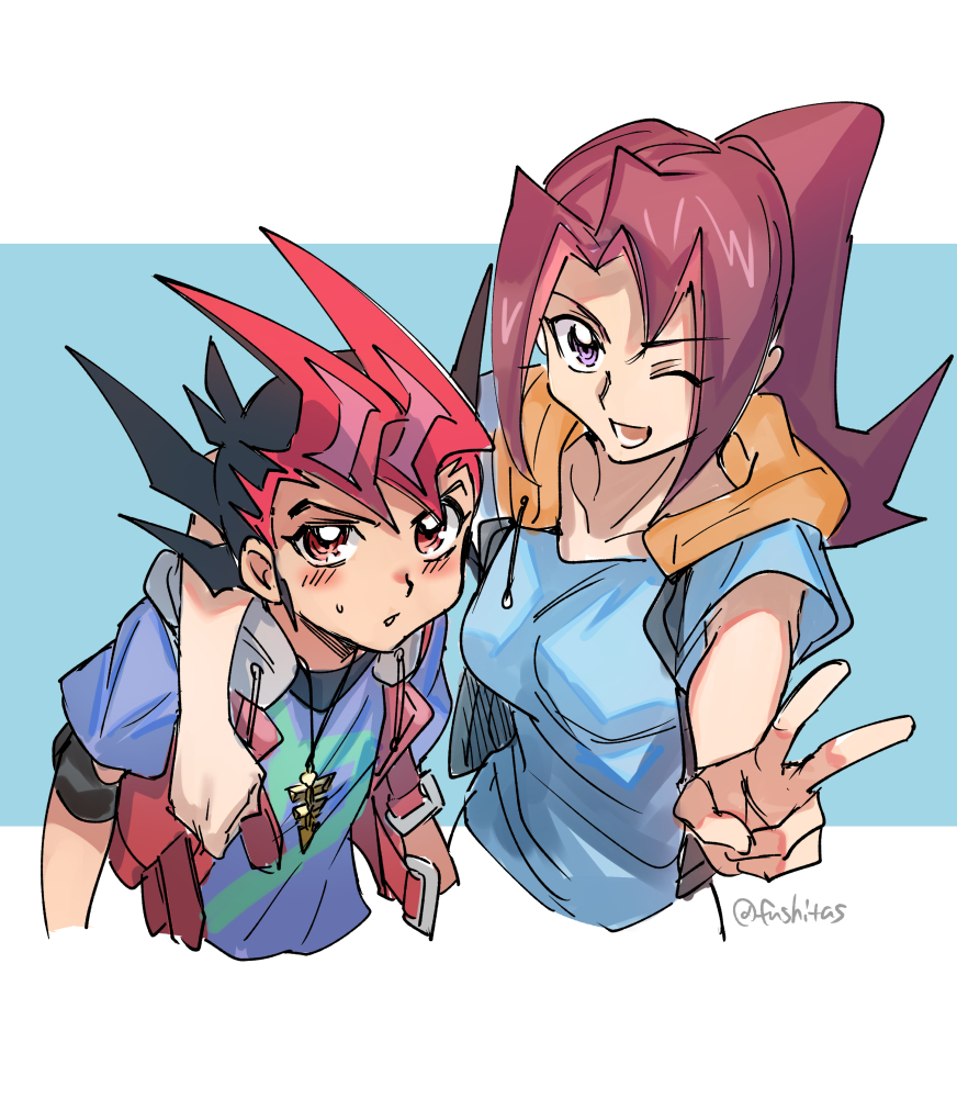 1boy, 1girl, arm_around_shoulder, black_hair, blue_skirt, blush, brown_hair, collarbone