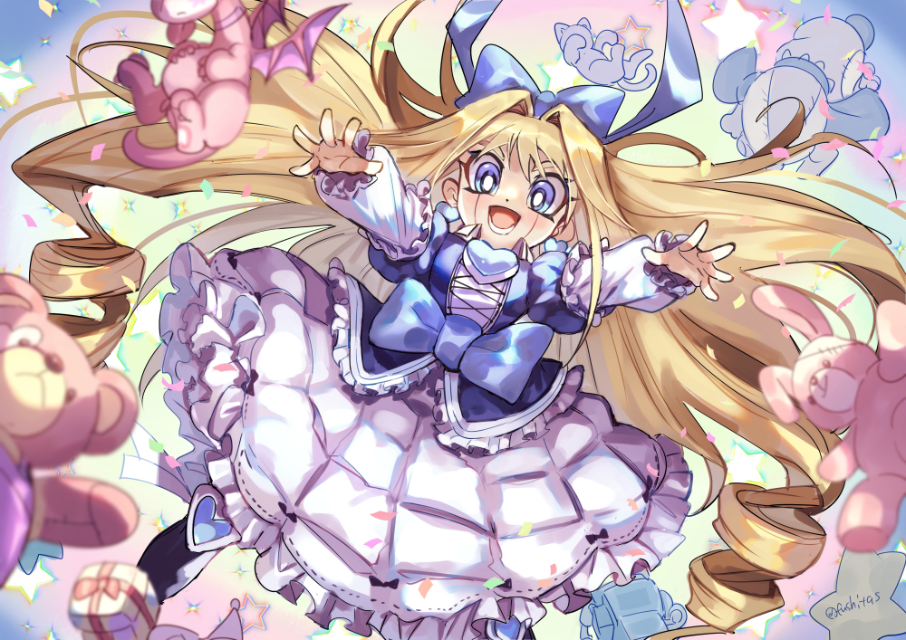1girl, blonde_hair, blue_bow, bow, box_of_friends, commentary_request, doll_monster_bear-bear, doll_monster_rob_robot, drill_hair, duel_monster, fushitasu, gift, hair_bow, lolita_fashion, long_hair, lower_teeth_only, open_mouth, outstretched_arms, princess_cologne, solo, stuffed_animal, stuffed_cat, stuffed_dog, stuffed_dragon, stuffed_rabbit, stuffed_toy, teddy_bear, teeth, toy_robot, very_long_hair, yu-gi-oh!, zombowwow
