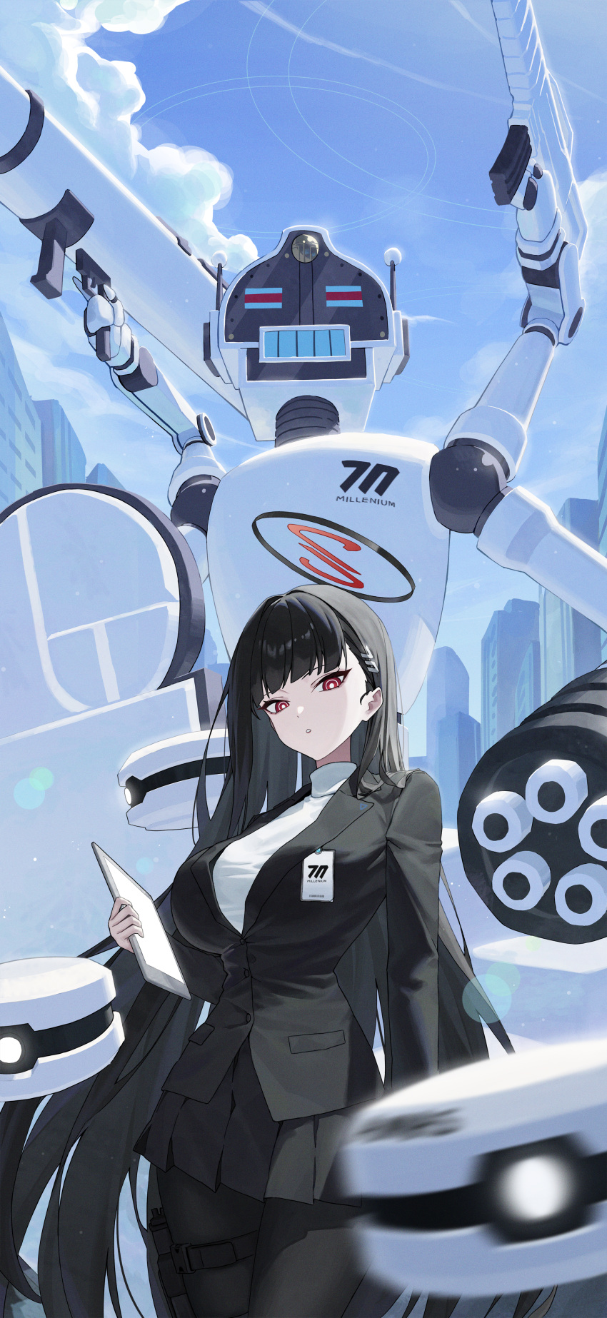 1girl, absurdres, avant_garde_(blue_archive), black_hair, black_pantyhose, blazer, blue_archive, blue_sky