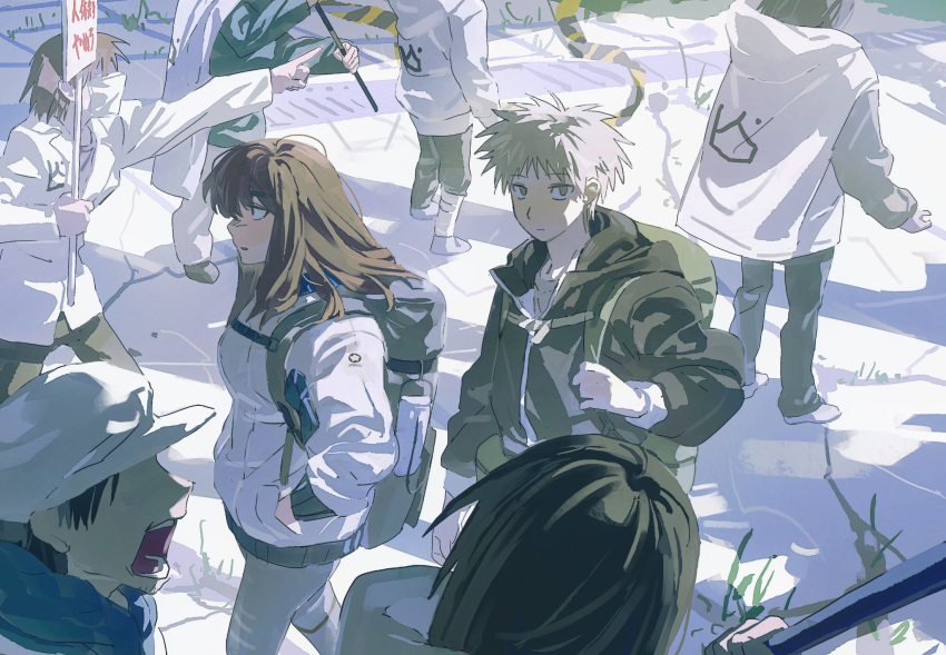 1boy, 1girl, 6+others, ash_(ash_proc), backpack, bag, black_hoodie, black_pants, blue_pants, bomber_jacket, brown_eyes, brown_hair, closed_mouth, eyebrows_hidden_by_hair, green_bag, hand_in_pocket, hat, head_out_of_frame, herb, highres, holding, holding_sign, hood, hoodie, jacket, kiruko_(tengoku_daimakyou), long_hair, long_sleeves, looking_at_viewer, maru_(tengoku_daimakyou), mask, mouth_mask, multiple_others, open_mouth, pants, post-apocalypse, shouting, sign, tengoku_daimakyou, white_jacket, white_mask