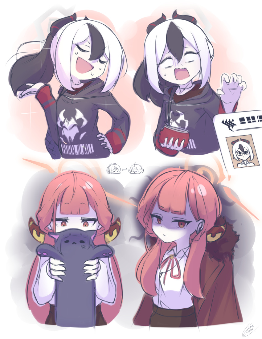 2girls, absurdres, anger_vein, animalization, aru_(blue_archive), black_hair, blue_archive, blush