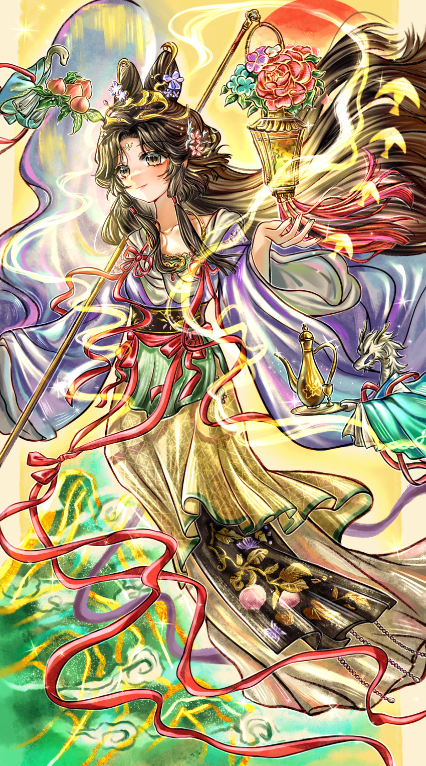 1girl, absurdres, black_eyes, black_hair, bu_zai_youyu, chinese_clothes, closed_mouth, clouds