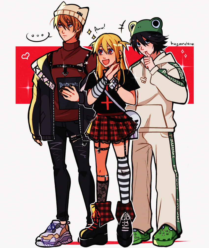 1girl, 2boys, absurdres, alternate_costume, amane_misa, arm_warmers, asymmetrical_legwear, beanie, black_hair, blonde_hair, boots, brown_hair, cat_ear_hat, chest_harness, crocs, death_note, fashion, frog_hat, goth_fashion, harness, hat, highres, hood, hoodie, huyandere, jacket, kneehighs, l_(death_note), multiple_boys, pants, plaid_clothes, plaid_skirt, shirt, shoes, single_arm_warmer, single_kneehigh, single_sock, single_thighhigh, skirt, smile, sneakers, socks, streetwear, sweater, sweatpants, sweatsuit, t-shirt, thigh-highs, track_suit, turtleneck, turtleneck_sweater, yagami_light