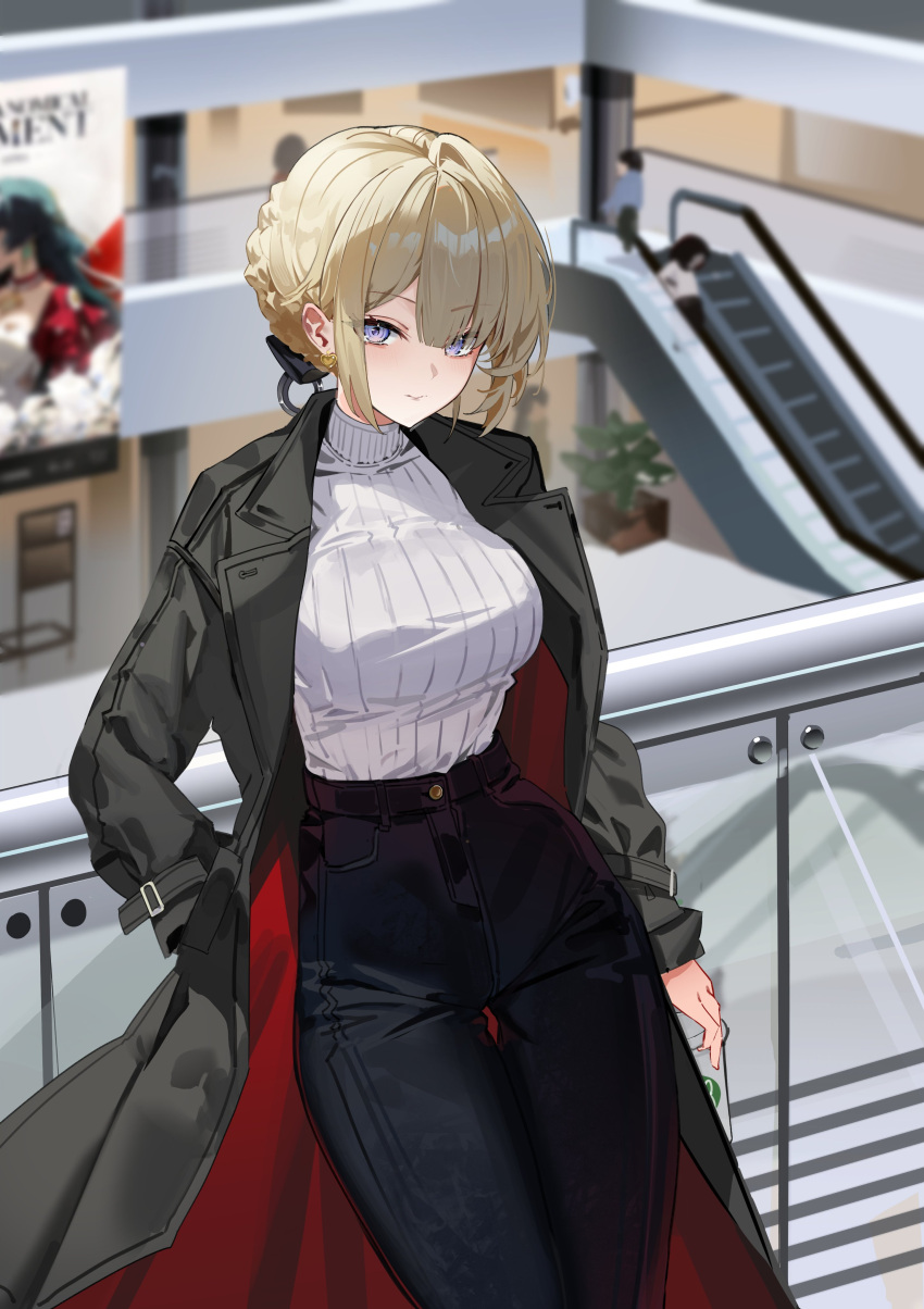 1girl, absurdres, alternate_costume, astra_yao, black_coat, black_pants, blonde_hair, blurry