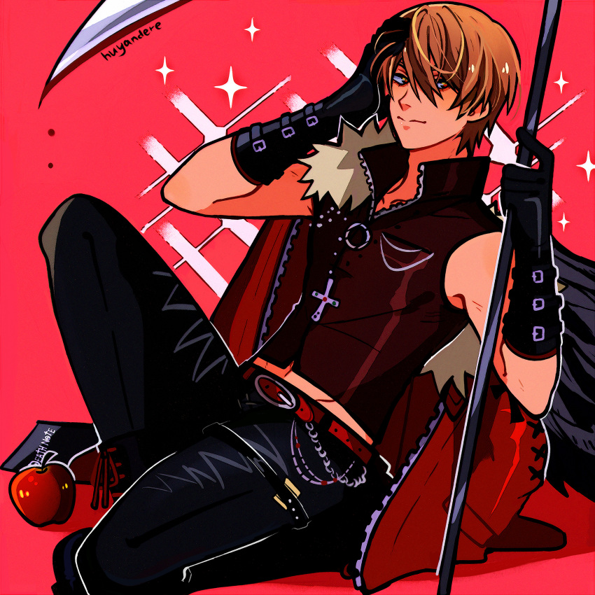 1boy, absurdres, apple, belt, chain, cosplay, death_note, death_note_(object), food, fruit, gloves, goth_fashion, highres, holding, holding_scythe, huyandere, mello_(death_note), mello_(death_note)_(cosplay), pants, scythe, solo, vest, yagami_light, zipper