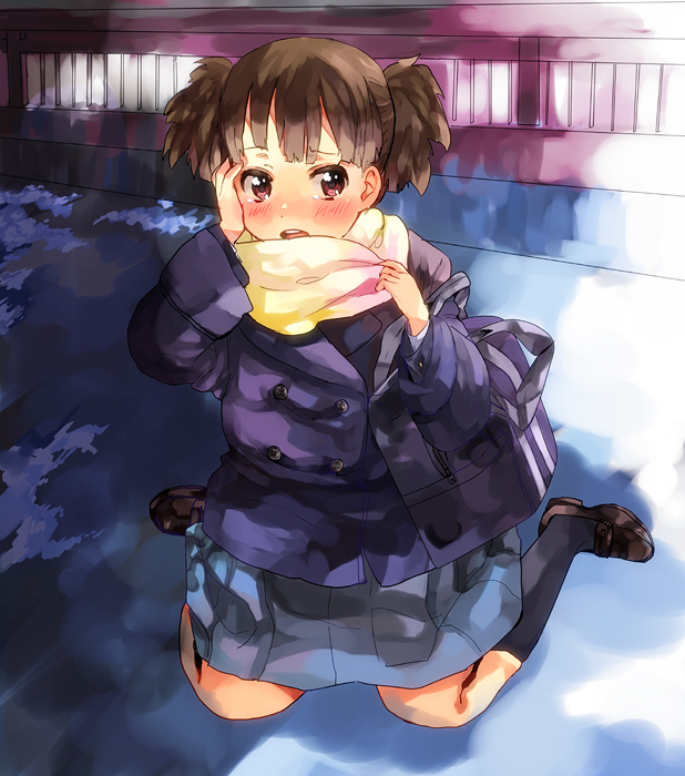 bag, blush, brown_eyes, brown_hair, coat, k-on!, mochako_(motyako), scarf