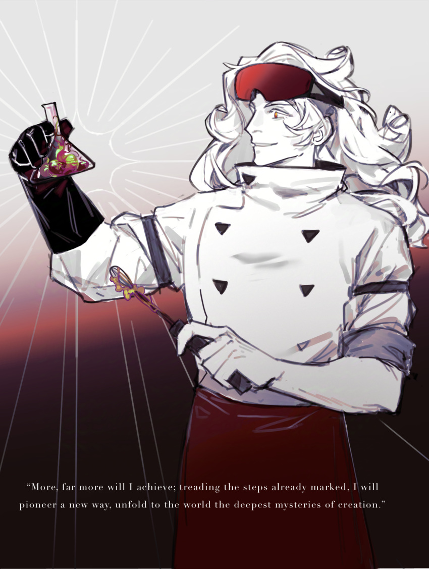 1boy, apron, black_gloves, butter_roll_cookie, cookie_run, cookie_run:_kingdom, cowboy_shot, curly_hair, flask, gloves, goggles, goggles_on_head, highres, holding, holding_flask, huashengjiang233, jacket, looking_to_the_side, parted_bangs, red_apron, single_glove, sleeve_rolled_up, smile, solo, white_hair, white_jacket