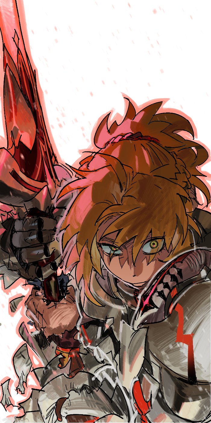 1girl, 3headed_otaku, armor, blonde_hair, breastplate, broken_armor, clarent_(fate), fate/apocrypha, fate/grand_order, fate_(series), fighting_stance, gauntlets, green_eyes, half_up_braid, highres, holding, holding_sword, holding_weapon, long_hair, looking_at_viewer, mordred_(fate), mordred_(fate)_(all), pauldrons, ponytail, serious, shoulder_armor, simple_background, solo, sword, upper_body, weapon, white_background