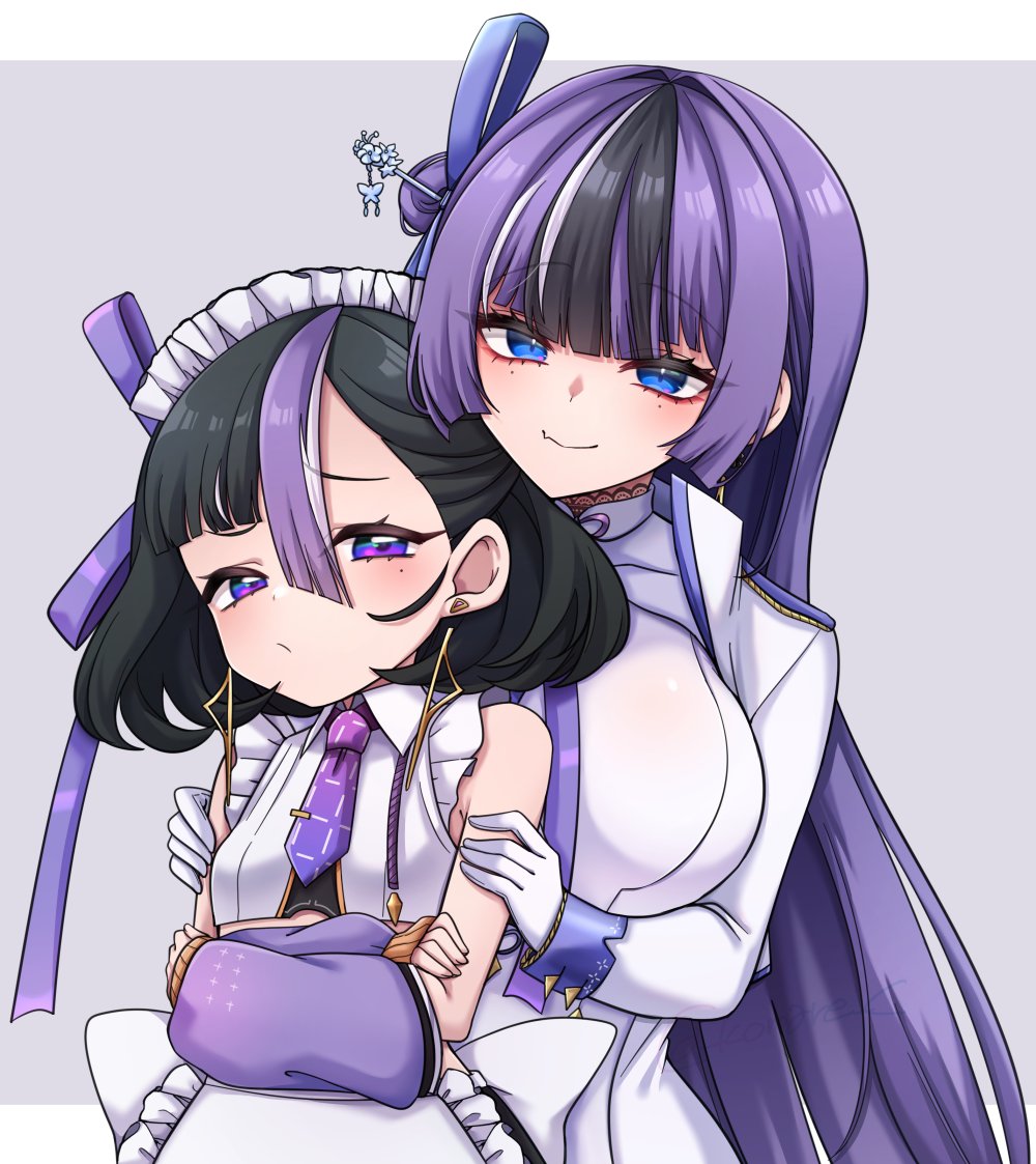 2girls, apron, black_hair, blue_eyes, breasts, chiji_komari, chinese_hairpin, earrings