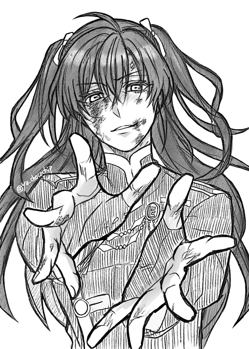 1girl, ahoge, badge, black_order_uniform, bruise, bruise_on_face, bruise_on_hand, coat, d.gray-man, fingerless_gloves, gloves, greyscale, grin, hair_ribbon, highres, injury, lenalee_lee, long_hair, looking_at_viewer, messy_hair, military, military_uniform, monochrome, open_mouth, ribbon, signature, simple_background, smile, solo, striped_coat, two_side_up, white_background, yu_chocochip