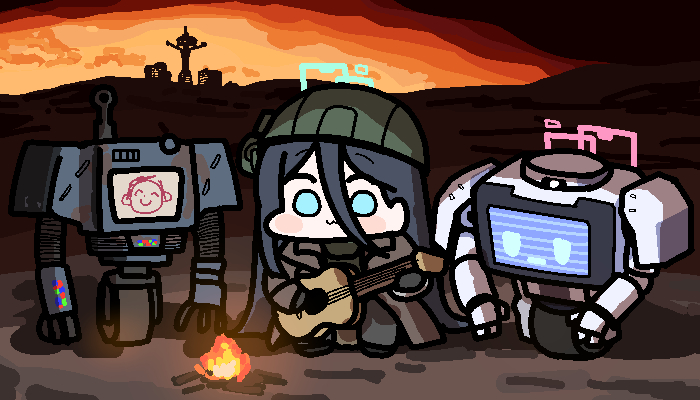 1girl, :3, acoustic_guitar, aris_(blue_archive), black_hair, blue_archive, blue_eyes, blue_halo, brown_jacket, campfire, chibi, chibi_only, closed_mouth, commentary, crossover, doodle_sensei_(blue_archive), fallout, fallout:_new_vegas, green_helmet, grey_pants, guitar, hair_between_eyes, halo, helmet, holding, holding_guitar, holding_instrument, instrument, jacket, jazz_jack, kei_(robot)_(blue_archive), long_hair, long_hair_between_eyes, outdoors, pants, pink_halo, playing_guitar, robot, securitron_(fallout), sensei_(blue_archive), solo
