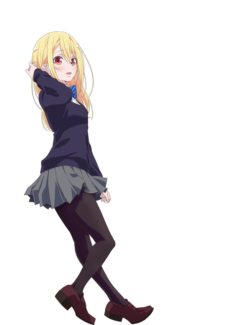 1girl, absurdres, amane_lily, arm_at_side, black_pantyhose, blonde_hair, blue_bow, blue_bowtie