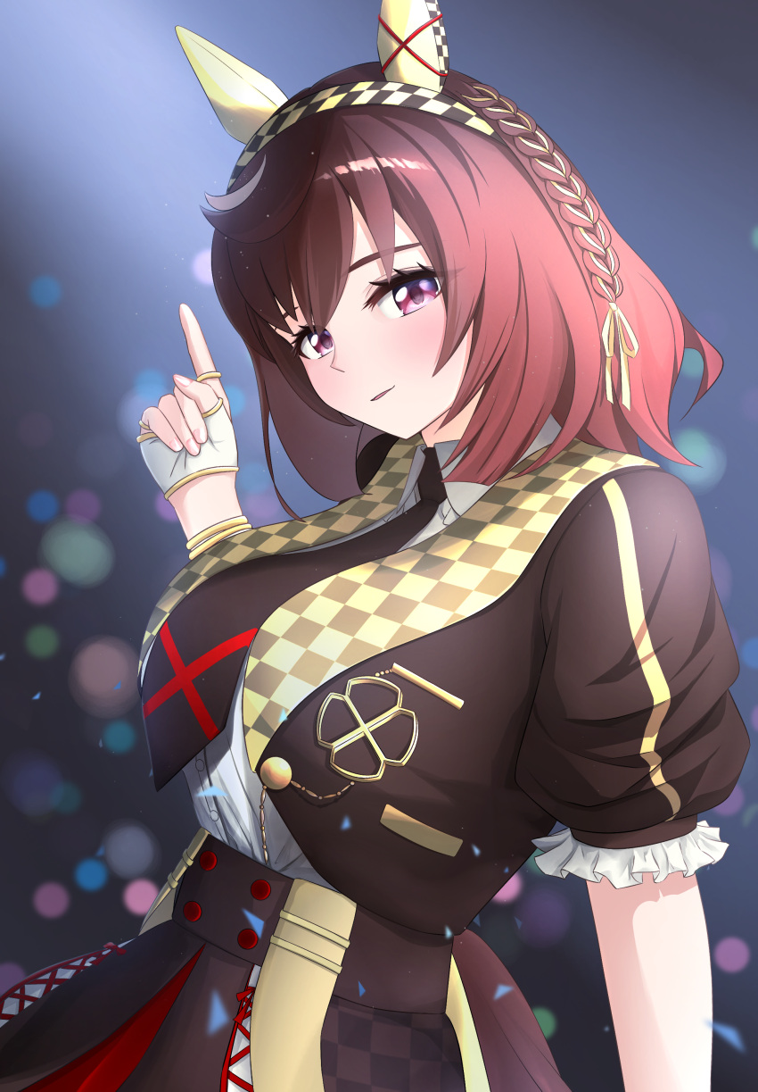 1girl, absurdres, blurry, blurry_background, blush, braid, breasts, brown_hair