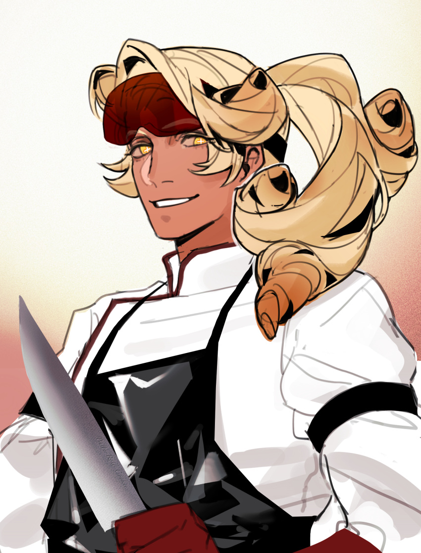 1boy, apron, black_apron, blonde_hair, butter_roll_cookie, cookie_run, cookie_run:_kingdom, gloves, goggles, goggles_on_head, gradient_background, highres, holding, holding_knife, huashengjiang233, knife, long_hair, long_sleeves, looking_at_viewer, parted_bangs, parted_lips, ponytail, red_gloves, red_goggles, rubber_gloves, shirt, simple_background, smile, solo, white_background, white_shirt