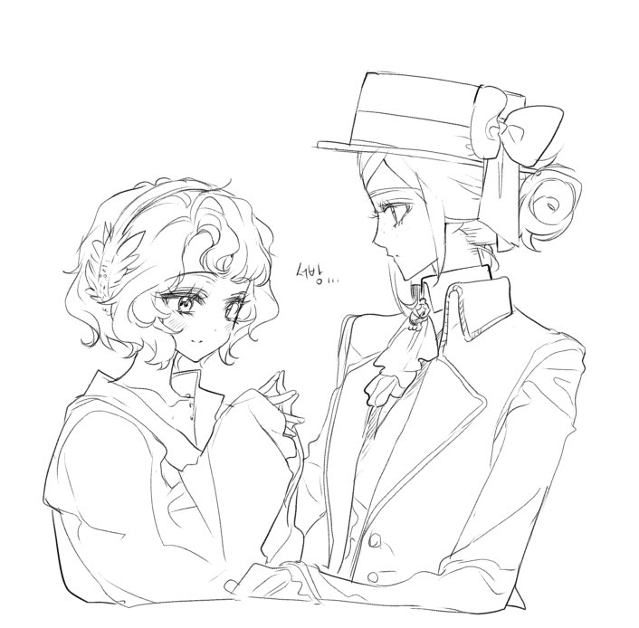 2girls, ascot, boater_hat, bow, coat, collared_shirt, feather_hair_ornament, feathers
