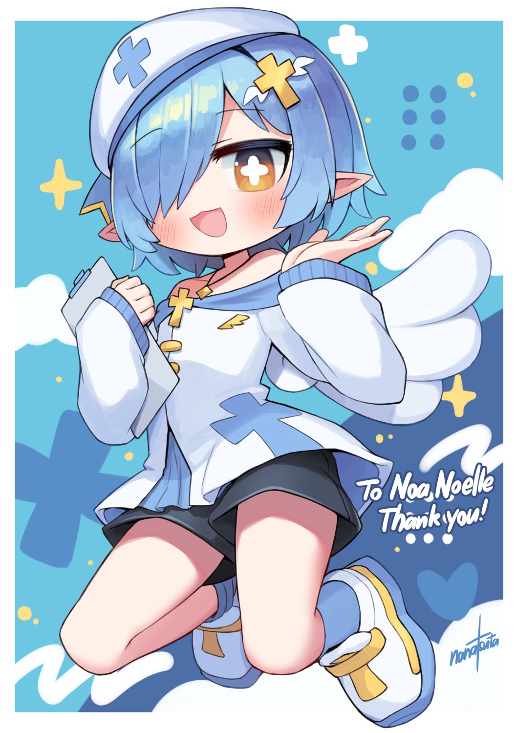 1girl, bare_shoulders, black_shorts, blue_hair, blue_socks, breasts, brown_eyes, commission