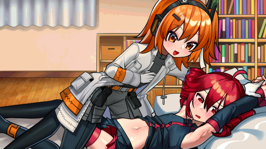 2girls, a.i._voice, adachi_rei, ahoge, armpits, bed, bedroom, belt