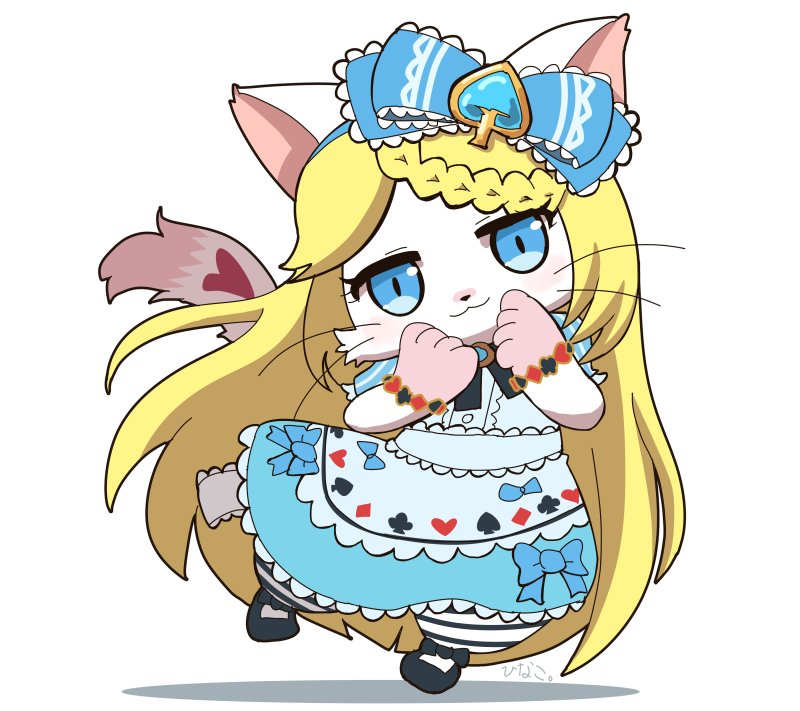 1girl, :3, alice_(cat_busters), animal_ears, animal_hands, blonde_hair, blue_dress, blue_eyes