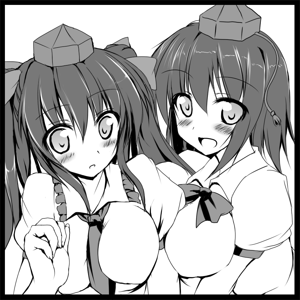 border, breasts, circle_cut, hat, himekaidou_hatate, large_breasts, midori-shiki, monochrome