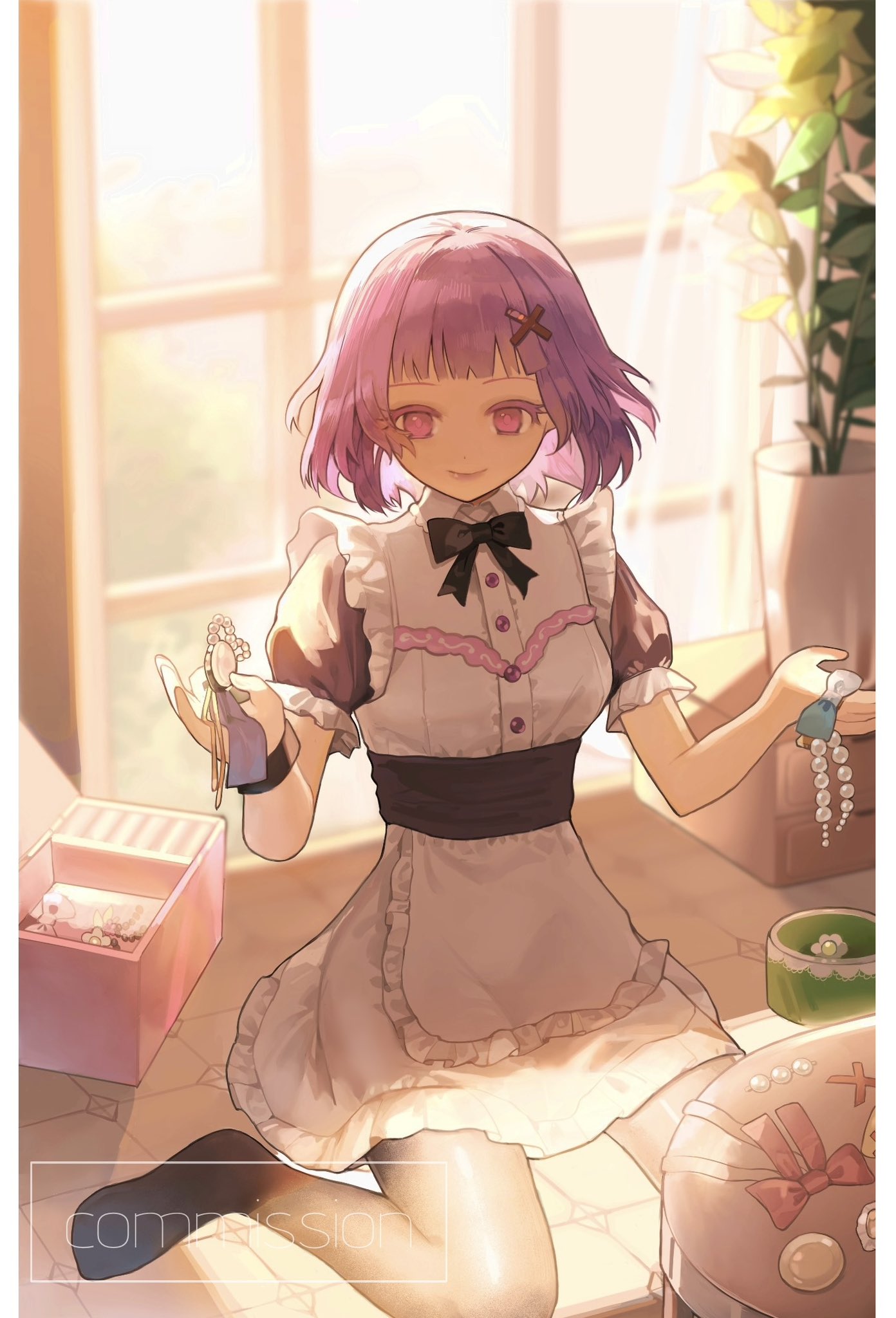 1girl, apron, black_bow, black_bowtie, black_pantyhose, bow, bowtie, closed_mouth