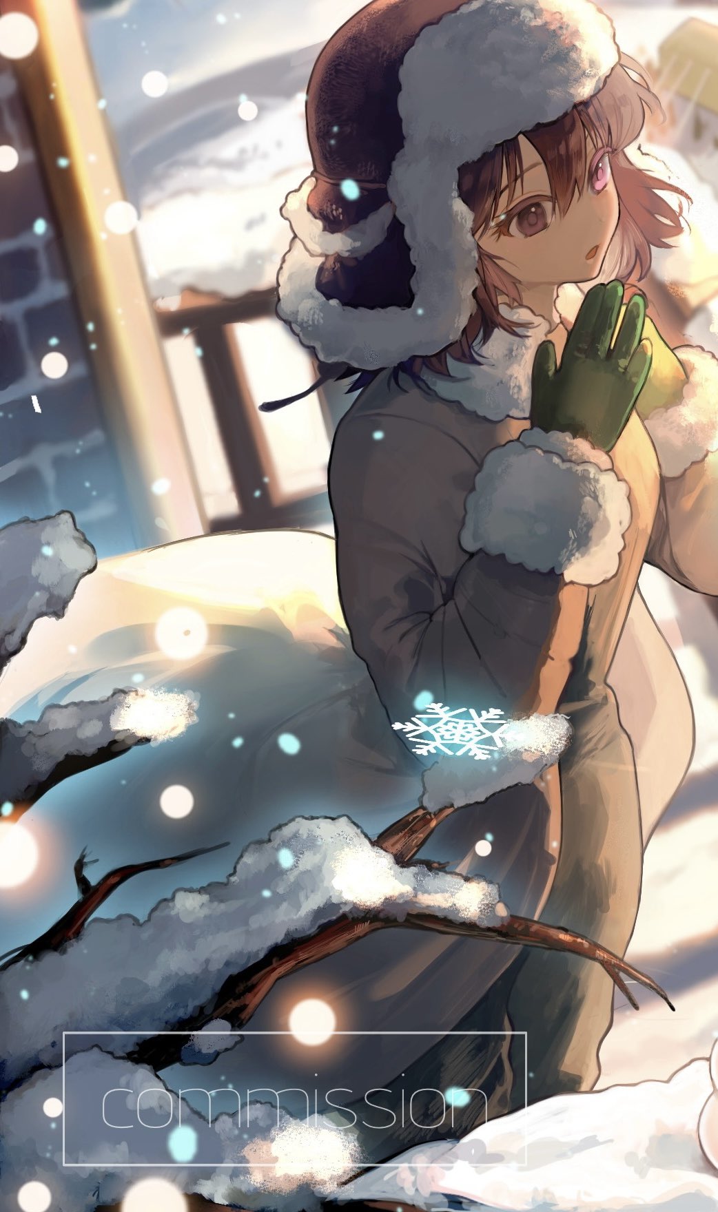 1girl, bare_tree, black_eyes, brown_hair, commission, gloves, green_gloves, hands_up