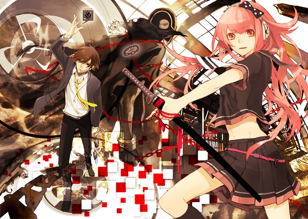 black_legwear, brown_hair, chain, chains, headphones, katana, kneehighs, light_smile