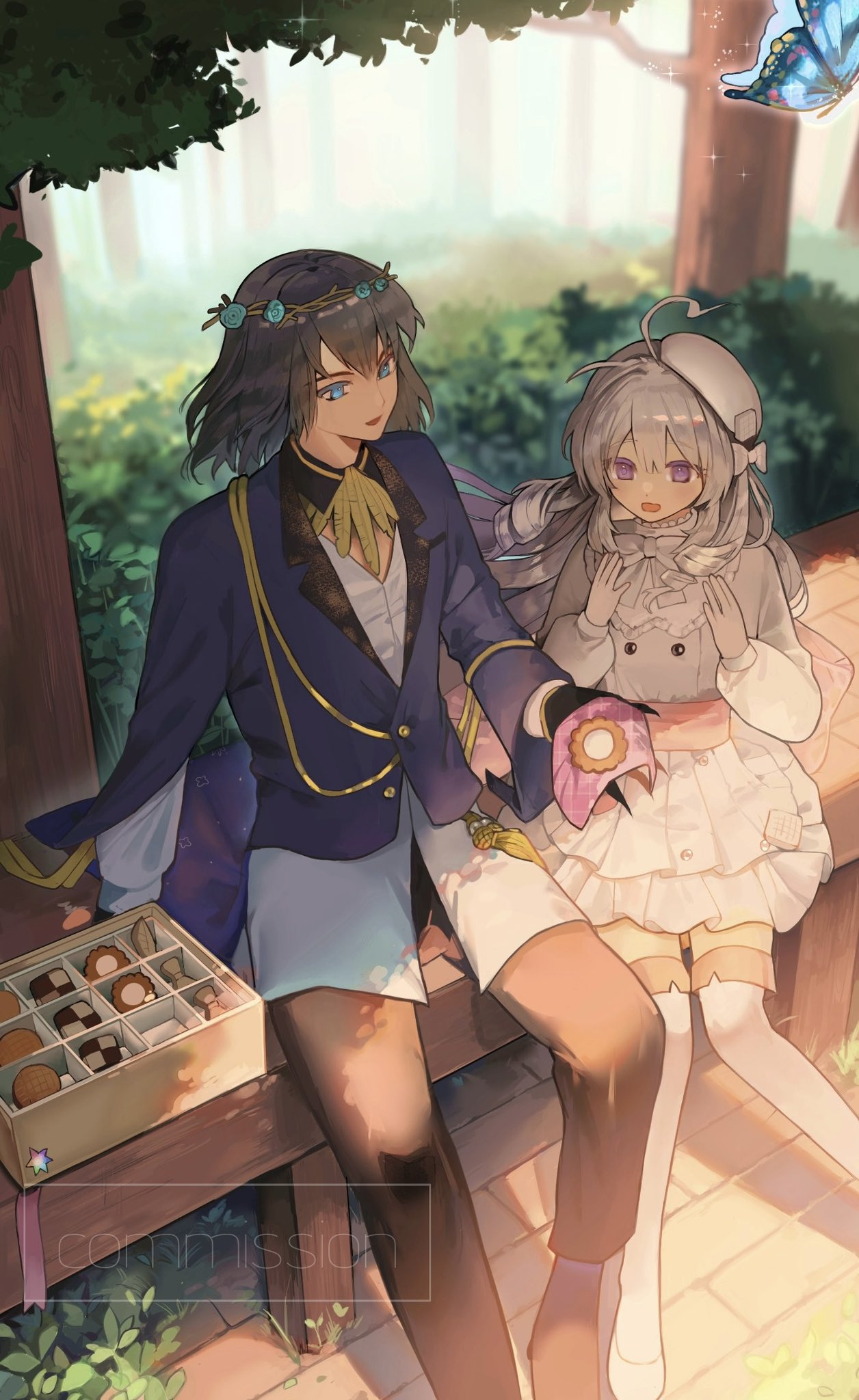 1boy, 1girl, ahoge, ascot, beret, black_gloves, boots, box