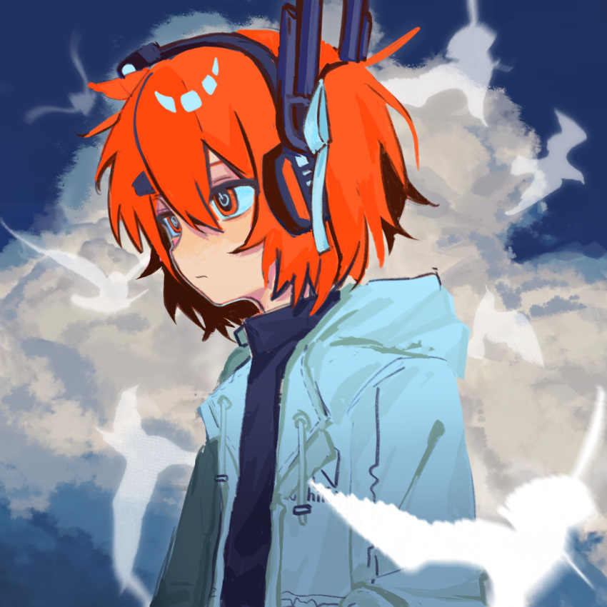 1girl, a.i._voice, adachi_rei, bird, black_shirt, closed_mouth, clouds, dill_(adachi_rei_zero)
