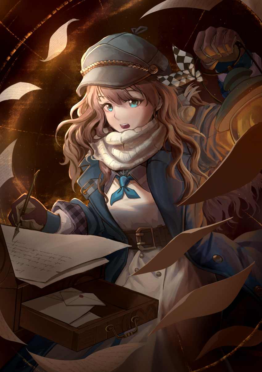 1girl, :o, blue_coat, blue_eyes, blue_neckerchief, brown_background, brown_gloves, brown_hair